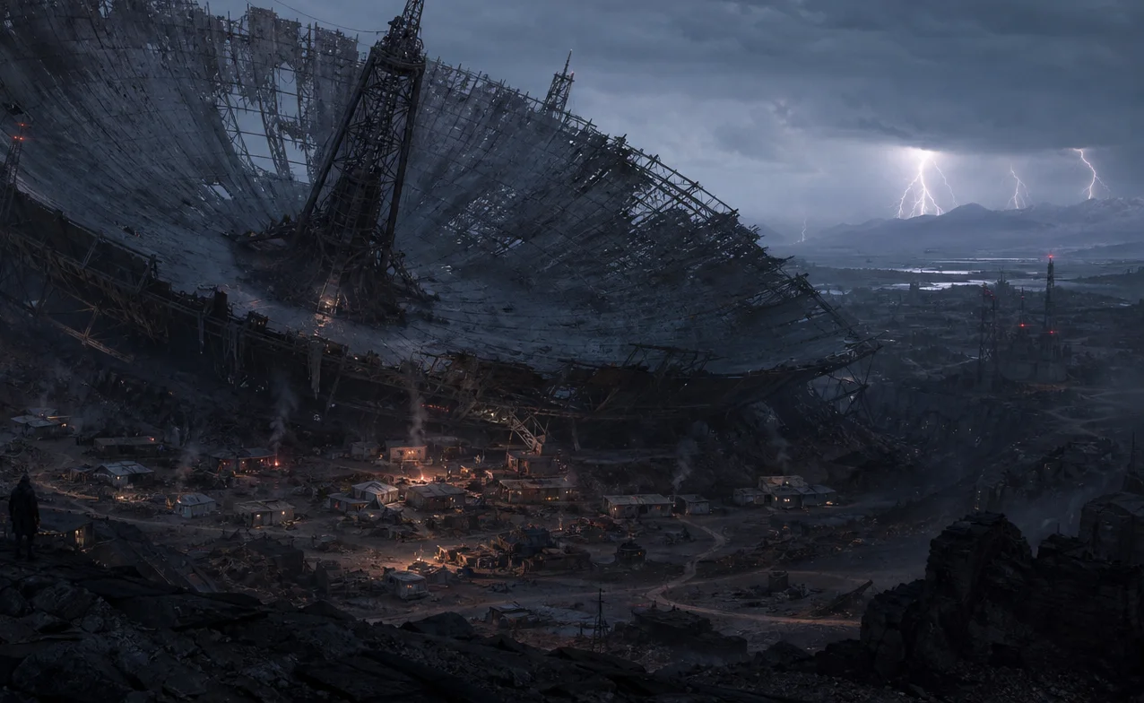 Sci-fi beacon structure glowing across a silent salt desert at dusk