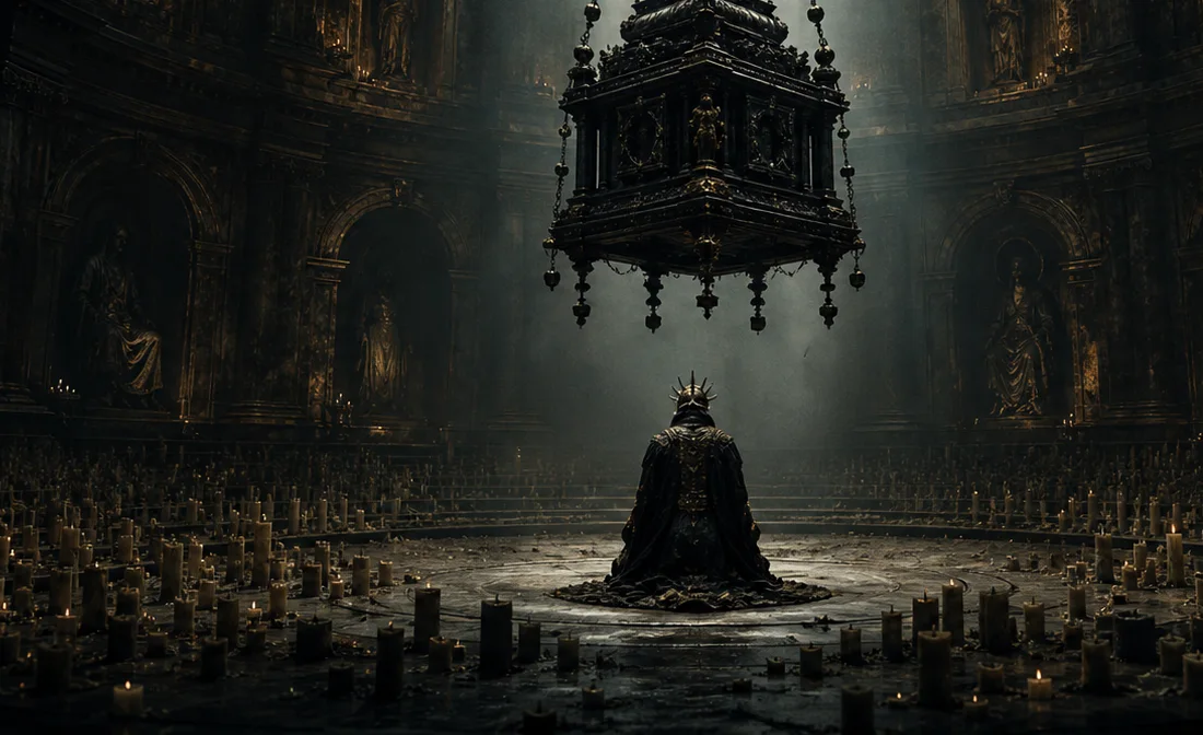 Ceremonial choir gathered around a relic in a ruined cathedral interior