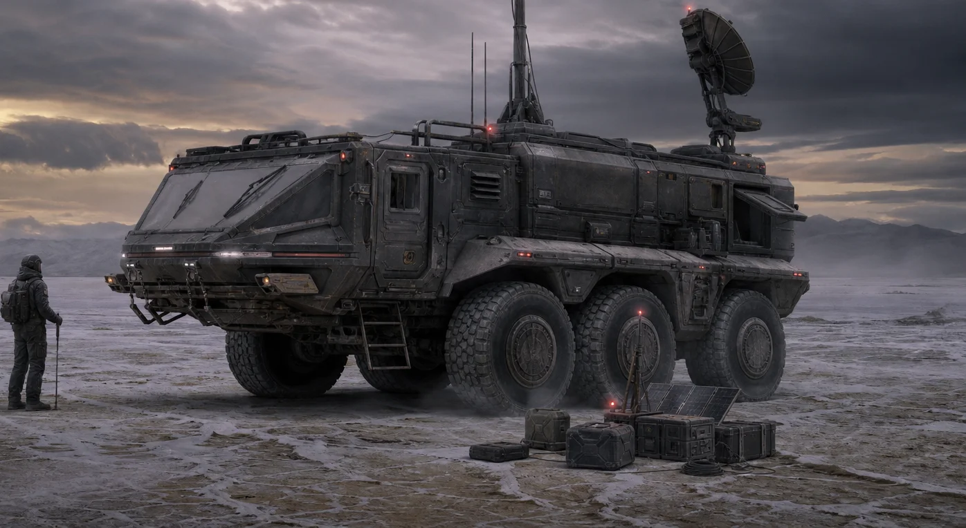Industrial sci-fi recovery hangar with grounded transport craft and maintenance rigs