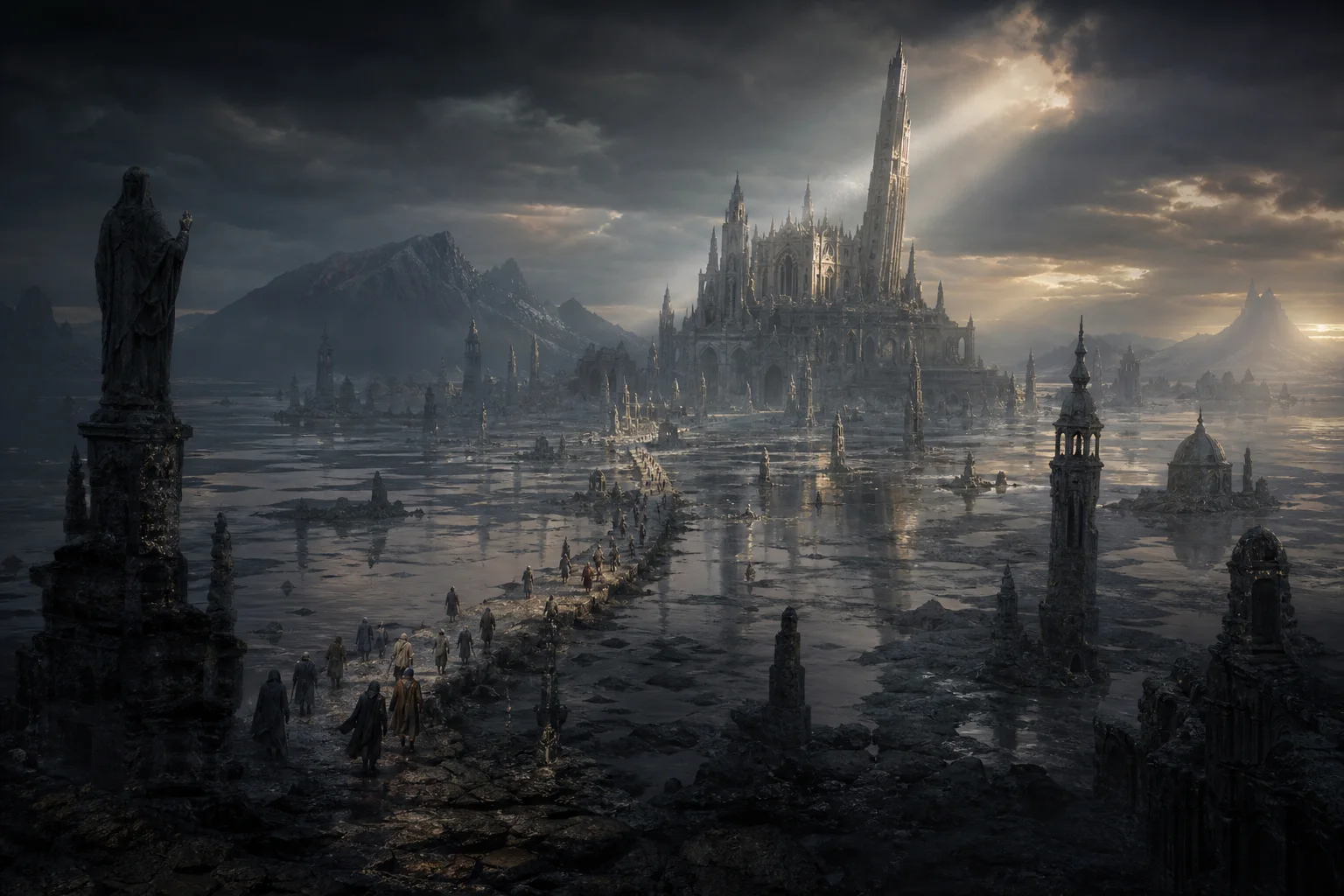 Drowned monastery city across black tidal flats