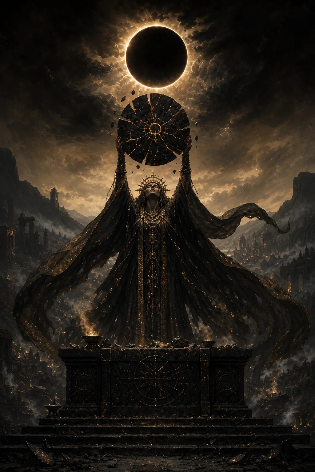 Dark fantasy oracle holding a fractured black sun disc