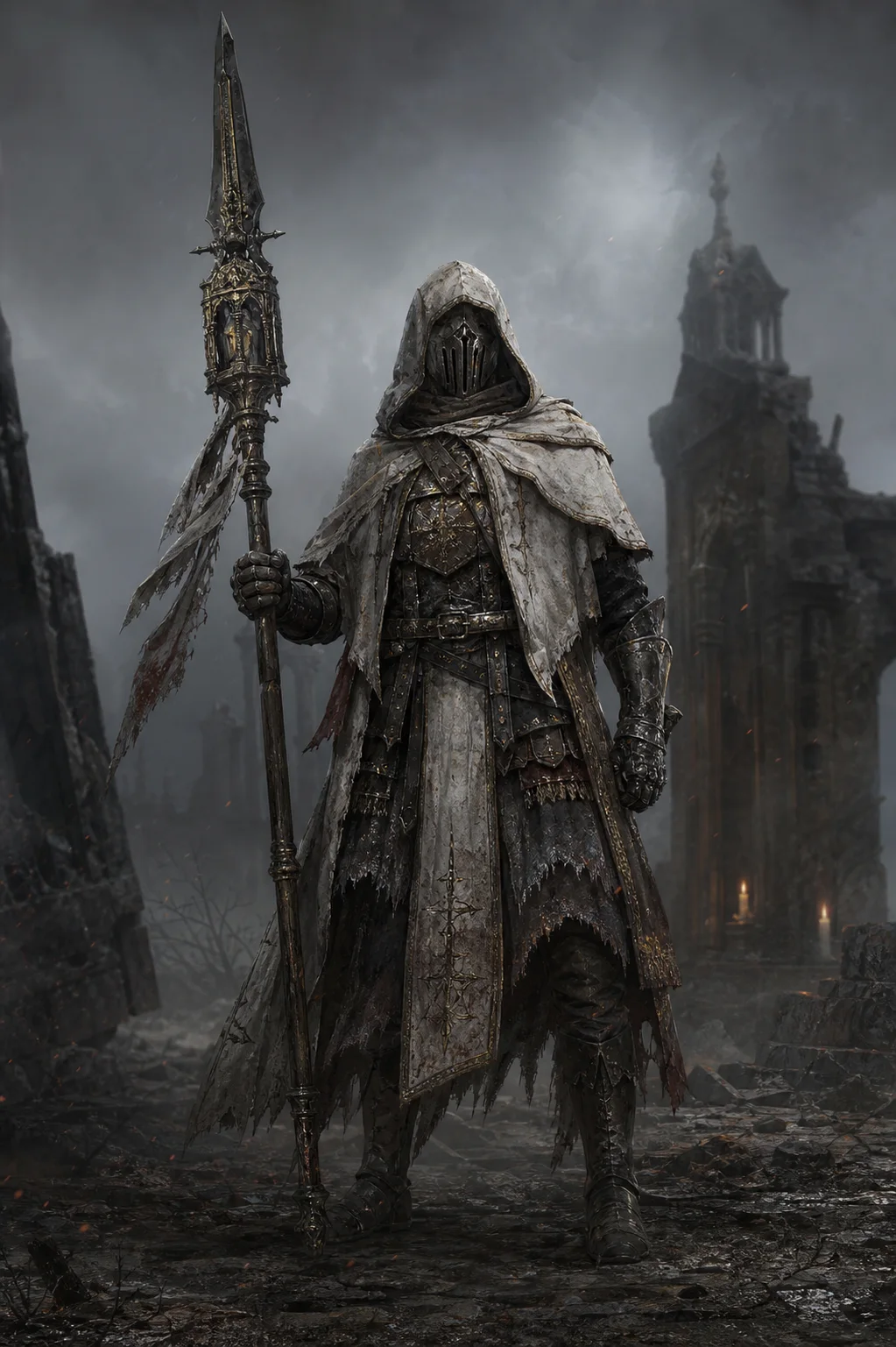 Full-body concept of an armored ash pilgrim carrying a ceremonial spear