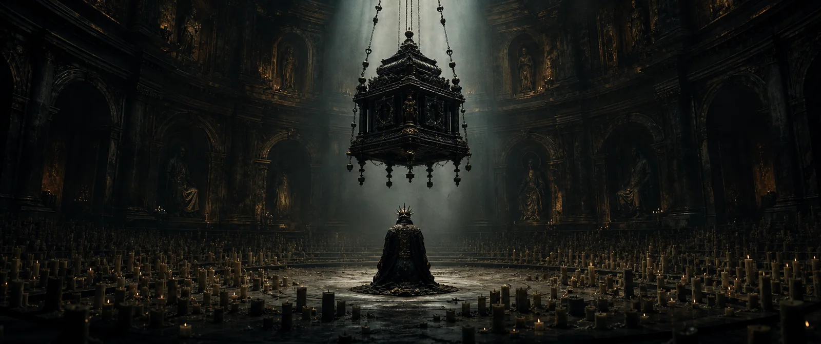 Masked pilgrim kneeling before a suspended black reliquary