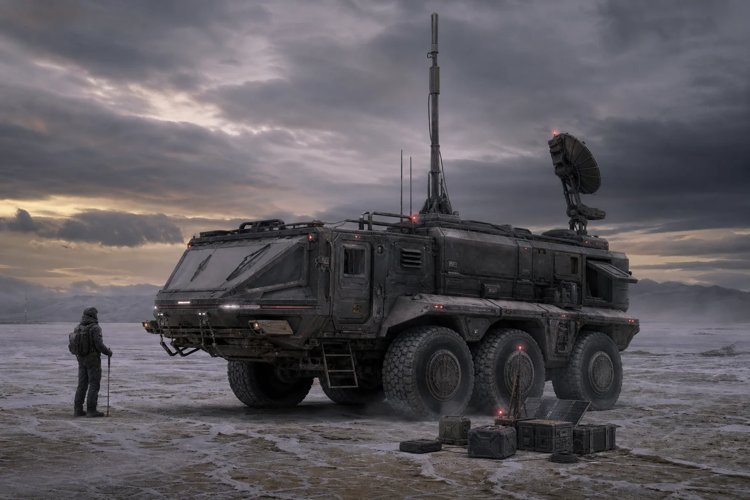 Six-wheeled signal recovery vehicle on an abandoned salt plain