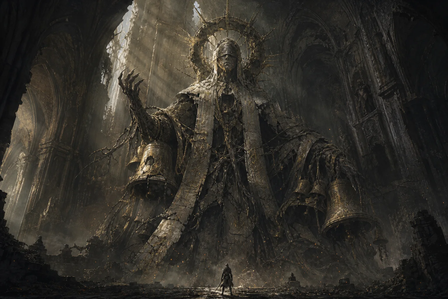 Cathedral-born saint creature towering over a lone warrior