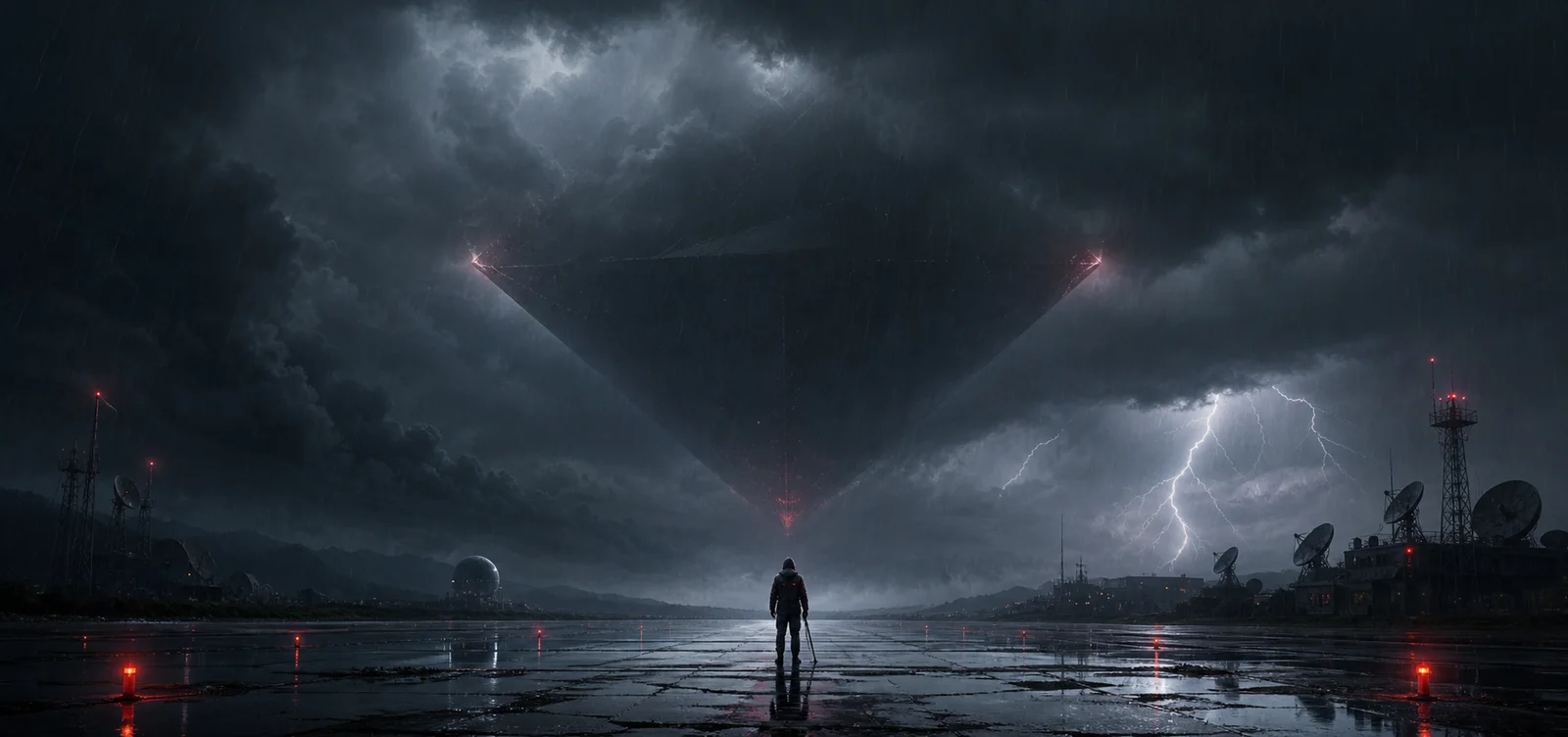 Lone technician beneath an unidentified object in storm clouds