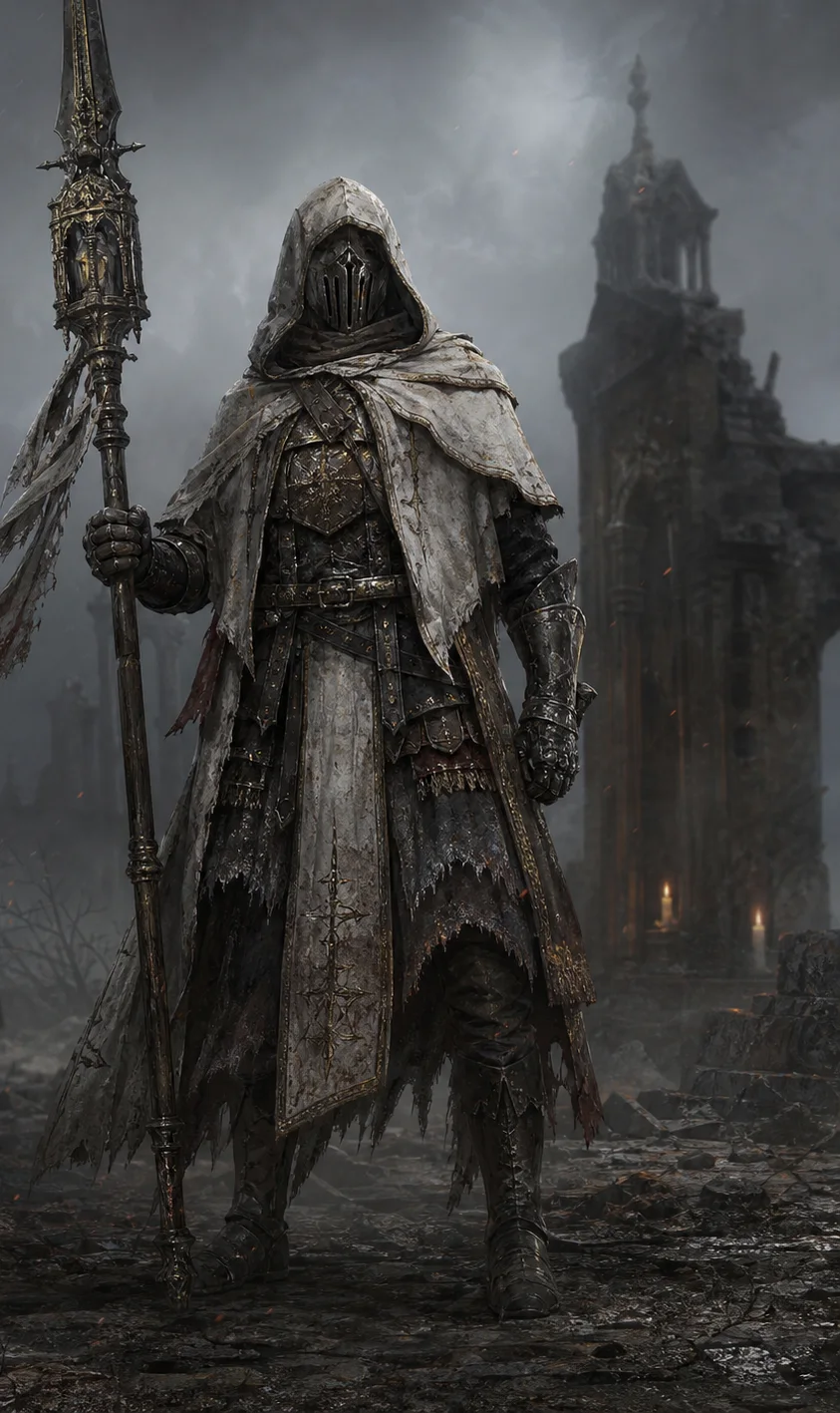 Armored standard bearer standing in a ruined ash-covered city