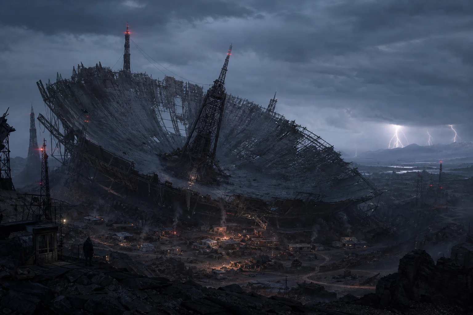 Survivor listening station beneath a collapsed radio telescope
