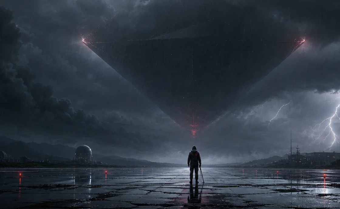 Small team facing a storm-lit sci-fi contact event in a bleak open landscape