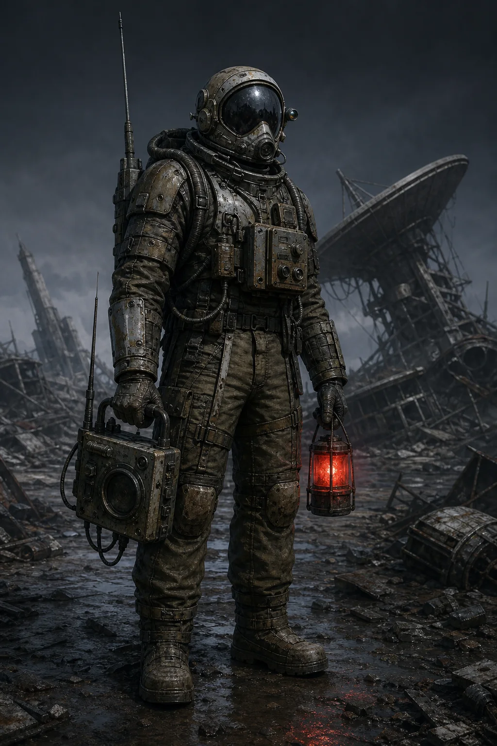 Post-apocalyptic signal technician in a worn pressure suit