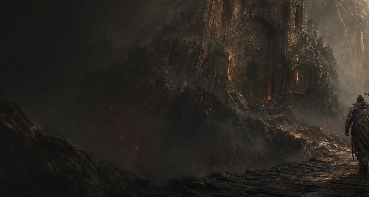 Dark fantasy path leading toward a cathedral threshold lit by ash and fog